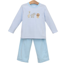 Load image into Gallery viewer, Dress your little explorer in Jellybean’s Zoo Crew Pants Set and watch his imagination roar! Soft, light blue stripes and playful animal appliqués bring comfort and charm to every adventure. Perfect for spirited toddlers who love to discover the wild side of style!
