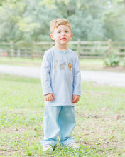 Load image into Gallery viewer, Dress your little explorer in Jellybean’s Zoo Crew Pants Set and watch his imagination roar! Soft, light blue stripes and playful animal appliqués bring comfort and charm to every adventure. Perfect for spirited toddlers who love to discover the wild side of style!
