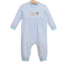 Load image into Gallery viewer, Dress your little explorer in the Zoo Crew Romper by Jellybean—soft, light blue stripes paired with charming zoo animal appliqués bring joy and comfort to every moment. Perfect for crisp fall days, this romper makes every outing simply irresistible!

