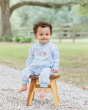 Load image into Gallery viewer, Dress your little explorer in the Zoo Crew Romper by Jellybean—soft, light blue stripes paired with charming zoo animal appliqués bring joy and comfort to every moment. Perfect for crisp fall days, this romper makes every outing simply irresistible!

