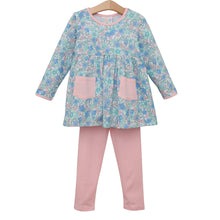 Load image into Gallery viewer, Brighten her day with the Painted Petals Caroline Pant Set by Jellybean! The cheerful floral tee with charming pink pockets pairs effortlessly with soft pink leggings, offering comfort and style for every playful adventure. Ready to inspire joy and confidence in your little one?
