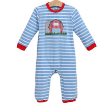 Load image into Gallery viewer, Dress your little one in the charming On the Farm Romper by Jellybean! With its playful blue stripes, vibrant red accents, and delightful farm appliqué, this romper brings joyful spirit to every adventure. Perfect for infant boys ready to explore the world in style and comfort!
