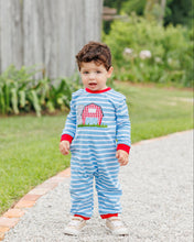 Load image into Gallery viewer, Dress your little one in the charming On the Farm Romper by Jellybean! With its playful blue stripes, vibrant red accents, and delightful farm appliqué, this romper brings joyful spirit to every adventure. Perfect for infant boys ready to explore the world in style and comfort!

