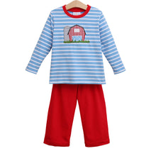 Load image into Gallery viewer, Dress your little one in the On the Farm Pants Set by Jellybean and watch his imagination come alive! The soft blue striped tee with charming farm appliqué pairs perfectly with vibrant red pants, creating a playful, comfortable outfit made for adventures and joyful days. Ready for fun?

