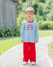 Load image into Gallery viewer, Dress your little one in the On the Farm Pants Set by Jellybean and watch his imagination come alive! The soft blue striped tee with charming farm appliqué pairs perfectly with vibrant red pants, creating a playful, comfortable outfit made for adventures and joyful days. Ready for fun?

