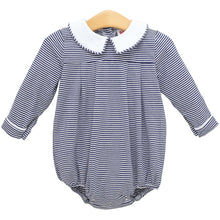Load image into Gallery viewer, Dress your little one in timeless charm with the Henry Bubble in Navy Stripes by Jellybean! The soft navy stripes paired with the crisp white Peter Pan collar create a classic look that’s as comfortable as it is adorable. Ready to make every moment unforgettable?

