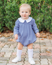 Load image into Gallery viewer, Dress your little one in timeless charm with the Henry Bubble in Navy Stripes by Jellybean! The soft navy stripes paired with the crisp white Peter Pan collar create a classic look that’s as comfortable as it is adorable. Ready to make every moment unforgettable?

