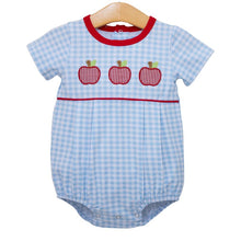Load image into Gallery viewer, Brighten your little one’s day with the Apple Trio Bubble by Trotter Street Kids! This charming blue gingham bubble, decorated with playful red apple appliqués, adds a touch of fun and comfort to every outfit. Perfect for school days or playtime, it’s a delightful choice that sparks joy and style.
