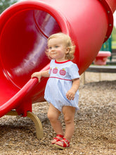 Load image into Gallery viewer, Brighten your little one’s day with the Apple Trio Bubble by Trotter Street Kids! This charming blue gingham bubble, decorated with playful red apple appliqués, adds a touch of fun and comfort to every outfit. Perfect for school days or playtime, it’s a delightful choice that sparks joy and style.
