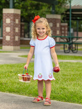 Load image into Gallery viewer, Celebrate your little one’s milestones in the Apple Trio Dress by Trotter Street Kids. This breathable blue gingham dress, adorned with charming apple appliqués, brings joyful comfort and sweet style to her first day of school. Ready to inspire smiles and confidence every step of the way!
