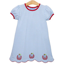Load image into Gallery viewer, Celebrate your little one’s milestones in the Apple Trio Dress by Trotter Street Kids. This breathable blue gingham dress, adorned with charming apple appliqués, brings joyful comfort and sweet style to her first day of school. Ready to inspire smiles and confidence every step of the way!
