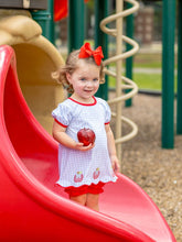 Load image into Gallery viewer, Dress your little girl in playful charm with the Apple Trio Bloomer Set by Trotter Street Kids! The blue gingham top, adorned with adorable apples, pairs beautifully with vibrant red bloomers—perfect for a joyful and memorable first day of school. Ready to inspire smiles and confidence every step!
