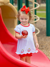 Load image into Gallery viewer, Dress your little girl in playful charm with the Apple Trio Bloomer Set by Trotter Street Kids! The blue gingham top, adorned with adorable apples, pairs beautifully with vibrant red bloomers—perfect for a joyful and memorable first day of school. Ready to inspire smiles and confidence every step!
