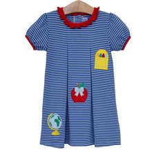 Load image into Gallery viewer, Celebrate every school moment in the vibrant royal blue School Appliqué Dress by Trotter Street Kids. Delightful school-themed appliqués bring joy and imagination to your toddler’s wardrobe, making each day feel special and full of adventure!
