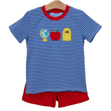 Load image into Gallery viewer, Celebrate your little boy’s first day in vibrant style with the School Appliqué Short Set by Trotter Street Kids! The royal blue striped tee, detailed with playful school-themed appliques, pairs perfectly with bold red shorts—making every moment feel joyful and unforgettable.
