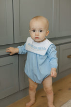 Load image into Gallery viewer, Dress your little one in Bailey Boys’ All Aboard Knit Infant Bubble and watch imaginations take flight! Soft, light blue knit wraps your baby in cozy comfort, while charming train embroidery sparks adventure from the very first wear. Ready for cuddles and journeys alike!
