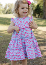 Load image into Gallery viewer, Celebrate her first day in the Apple of My Eye Dress by Bailey Boys—a charming blue dress with playful drop hem ruffles and a sweet pink apple print. It’s the perfect blend of comfort and cuteness to make her feel special and confident from the start!

 
