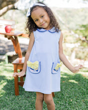 Load image into Gallery viewer, The Pencil Sarah Jumper by Zuccini Kids wraps your little one in soft, periwinkle blue stripes and charming pencil appliqué pockets—perfect for sparking joy on the first day of school. Its classic Peter Pan collar adds timeless charm, while pairing effortlessly with a cozy cardigan for cooler mornings.
