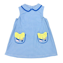 Load image into Gallery viewer, The Pencil Sarah Jumper by Zuccini Kids wraps your little one in soft, periwinkle blue stripes and charming pencil appliqué pockets—perfect for sparking joy on the first day of school. Its classic Peter Pan collar adds timeless charm, while pairing effortlessly with a cozy cardigan for cooler mornings.
