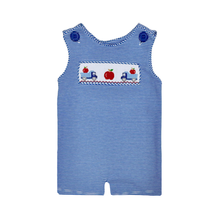 Load image into Gallery viewer, Dress your little one in the Apple Ashton Shortall by Zuccini Kids—a charming blend of blue and white stripes with playful apple and truck smocking that sparks joy and imagination. Perfect for adventurous infants ready to explore the world in style and comfort!

