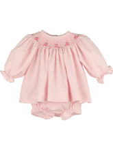Load image into Gallery viewer, Celebrate new beginnings with the Pink Welcome Home Waves Smock Set by Luli &amp; Me. Its delicate pink floral smocking and heirloom-quality fabric create a timeless, elegant outfit that wraps your newborn girl in warmth and love from the very first moment!
