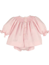 Load image into Gallery viewer, Celebrate new beginnings with the Pink Welcome Home Waves Smock Set by Luli &amp; Me. Its delicate pink floral smocking and heirloom-quality fabric create a timeless, elegant outfit that wraps your newborn girl in warmth and love from the very first moment!
