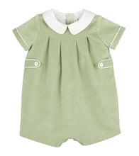 Load image into Gallery viewer, Dress your little one in the Green Pumpkin Playdate Boy Bubble by Sophie &amp; Lucas—soft green corduroy, charming buttons, and a crisp Peter Pan collar combine for an irresistibly cozy fall look. It’s perfect for capturing timeless portraits and making every day memorable!
