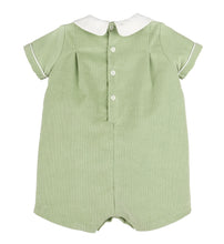 Load image into Gallery viewer, Dress your little one in the Green Pumpkin Playdate Boy Bubble by Sophie &amp; Lucas—soft green corduroy, charming buttons, and a crisp Peter Pan collar combine for an irresistibly cozy fall look. It’s perfect for capturing timeless portraits and making every day memorable!
