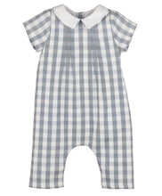 Load image into Gallery viewer, Dress your little one in timeless charm with the Blue Willow Check Boy Longall by Sophie and Lucas. Its soft blue and white checks, paired with a crisp white Peter Pan collar, create an enchanting look ideal for special moments and memorable portraits. Perfect for cherishing those early days!

 
