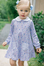 Load image into Gallery viewer, The Iris Garden Dress by The Proper Peony wraps your little one in soft, breathable Pima cotton, featuring a delicate floral print and a charming white Peter Pan collar. Perfect for autumn adventures, it blends comfort and elegance for your toddler’s sweetest moments!
