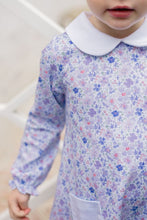 Load image into Gallery viewer, The Iris Garden Dress by The Proper Peony wraps your little one in soft, breathable Pima cotton, featuring a delicate floral print and a charming white Peter Pan collar. Perfect for autumn adventures, it blends comfort and elegance for your toddler’s sweetest moments!
