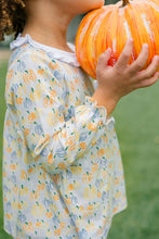 Load image into Gallery viewer, Celebrate autumn’s magic with the Crimson Harvest Bloomer Set by The Proper Peony! The vibrant pumpkin-print top bursts with seasonal charm, while soft blue bloomers ensure comfort and style for your little pumpkin’s perfect day in the patch!
