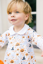Load image into Gallery viewer, Celebrate Halloween in enchanting style with the Blue Casper Bubble by The Proper Peony! This charming infant romper, boasting a whimsical blue print and a crisp white Peter Pan collar, makes every spooky moment irresistibly adorable. Ready for magical memories?
