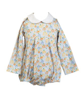 Load image into Gallery viewer, Celebrate every cozy moment this fall with the Crimson Harvest Boy Bubble by The Proper Peony. Its soft long sleeves and charming blue pumpkin print wrap your little one in warmth and sweetness, while the crisp white Peter Pan collar adds timeless charm to every pumpkin patch adventure!
