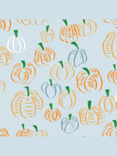 Load image into Gallery viewer, Celebrate every cozy moment this fall with the Crimson Harvest Boy Bubble by The Proper Peony. Its soft long sleeves and charming blue pumpkin print wrap your little one in warmth and sweetness, while the crisp white Peter Pan collar adds timeless charm to every pumpkin patch adventure!
