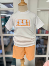 Load image into Gallery viewer, Ignite your little one’s Halloween spirit with the Spunky Skeletons Boys Short Set by Cape Point Clothing Co.! The lively skeleton smocking on a crisp white tee pairs brilliantly with vibrant orange shorts—comfort and festive fun combined for spirited toddler adventures!

 
