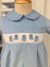Load image into Gallery viewer, Wrap your little one in Cape Point Clothing Co.’s Spooky Ghosts Boys Bubble—soft light blue corduroy with adorable ghost smocking that captures Halloween’s playful spirit. Perfect for cozy, festive days that celebrate every magical moment!
