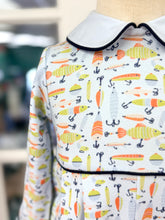 Load image into Gallery viewer, Dive into cozy autumn days with the Hooked on You Romper by Cape Point Clothing Co.! This charming romper wraps your little one in soft warmth, featuring playful fish prints, a delicate Peter Pan collar, and crisp blue piping—perfect for spirited boys ready to explore in comfort and style.

 
