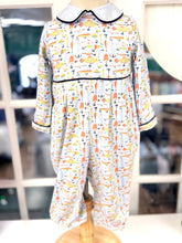 Load image into Gallery viewer, Dive into cozy autumn days with the Hooked on You Romper by Cape Point Clothing Co.! This charming romper wraps your little one in soft warmth, featuring playful fish prints, a delicate Peter Pan collar, and crisp blue piping—perfect for spirited boys ready to explore in comfort and style.

 
