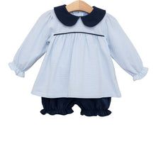 Load image into Gallery viewer, The Light Blue Striped Katherine Bloomer Set by Trotter Street Kids brings timeless charm to your infant’s autumn wardrobe. Soft stripes and crisp navy details create a cozy, stylish outfit that feels as delightful as it looks. Dress your little one in comfort and classic looks today!
