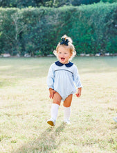 Load image into Gallery viewer, The Light Blue Striped Katherine Bloomer Set by Trotter Street Kids brings timeless charm to your infant’s autumn wardrobe. Soft stripes and crisp navy details create a cozy, stylish outfit that feels as delightful as it looks. Dress your little one in comfort and classic looks today!
