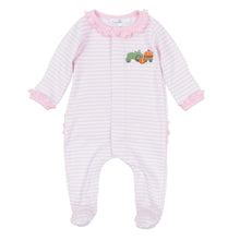 Load image into Gallery viewer, Wrap your baby in the soft luxury of this Light Pink Pumpkin Ruffle Footie by Magnolia Baby. Made from soft Pima cotton, its delicate pink stripes and charming pumpkin appliqué bring cozy fall sweetness to every moment. The gentle ruffles add a touch of playful elegance—perfect for little memories in the making!

