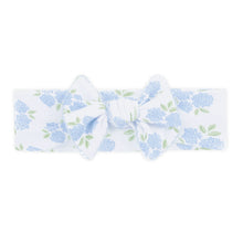 Load image into Gallery viewer, Sweet, soft, and perfectly polished, the Magnolia Baby Dreamy Hydrangeas Print Headband in sky blue is a charming accessory for your little one. Crafted from luxuriously soft 100% Pima cotton, this baby headband is gentle on delicate skin while offering a comfortable, secure fit.
