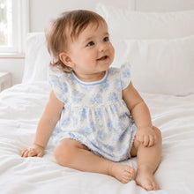 Load image into Gallery viewer, Light, playful, and effortlessly sweet, the Magnolia Baby Dreamy Hydrangeas Print Flutter Bubble in sky blue is a charming outfit for your little girl. Crafted from luxuriously soft 100% Pima cotton, this baby bubble offers breathable comfort while remaining gentle on delicate skin.
