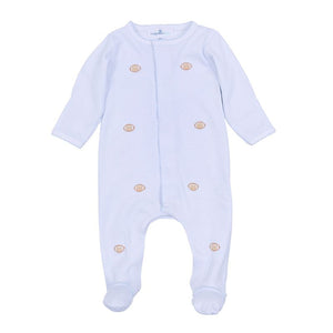 Get your little one ready for game day with our Touchdown Cutie Embroidered Footie! Made with soft, breathable fabric in classic blue and white stripes, this infant boys footie is perfect for the football season. Adorned with adorable embroidered footballs, your little cutie will be both sweet and stylish. Score a touchdown in comfort and style with our footie!