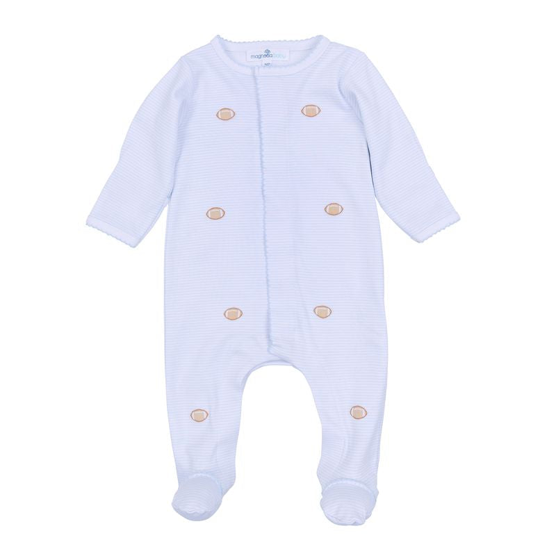 Get your little one ready for game day with our Touchdown Cutie Embroidered Footie! Made with soft, breathable fabric in classic blue and white stripes, this infant boys footie is perfect for the football season. Adorned with adorable embroidered footballs, your little cutie will be both sweet and stylish. Score a touchdown in comfort and style with our footie!