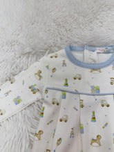 Load image into Gallery viewer, Baby Loren’s Baby Toys Pima Romper wraps your little one in soft, breathable comfort with charming baby toy prints and delicate blue piping. This timeless, playful design makes every moment joyful and is the perfect gift to celebrate your infant boy’s early days!

 
