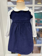 Load image into Gallery viewer, The Macy Drew Dress in Nantucket Navy Corduroy by The Beaufort Bonnet Company wraps your toddler in cozy elegance, perfectly layering over the Maude Peter Pan Collar White Shirt. Ideal for autumn and holiday moments, it invites warmth and timeless charm, with a monogram option for a personalized touch.

