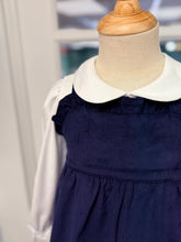 Load image into Gallery viewer, The Macy Drew Dress in Nantucket Navy Corduroy by The Beaufort Bonnet Company wraps your toddler in cozy elegance, perfectly layering over the Maude Peter Pan Collar White Shirt. Ideal for autumn and holiday moments, it invites warmth and timeless charm, with a monogram option for a personalized touch.

