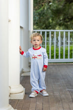 Load image into Gallery viewer, Celebrate the season with the Gingerbread Train Romper by Trotter Street Kids. This charming blue and white striped romper, accented with festive red details and a delightful gingerbread train appliqué, wraps your little one in cozy holiday spirit and timeless charm.
